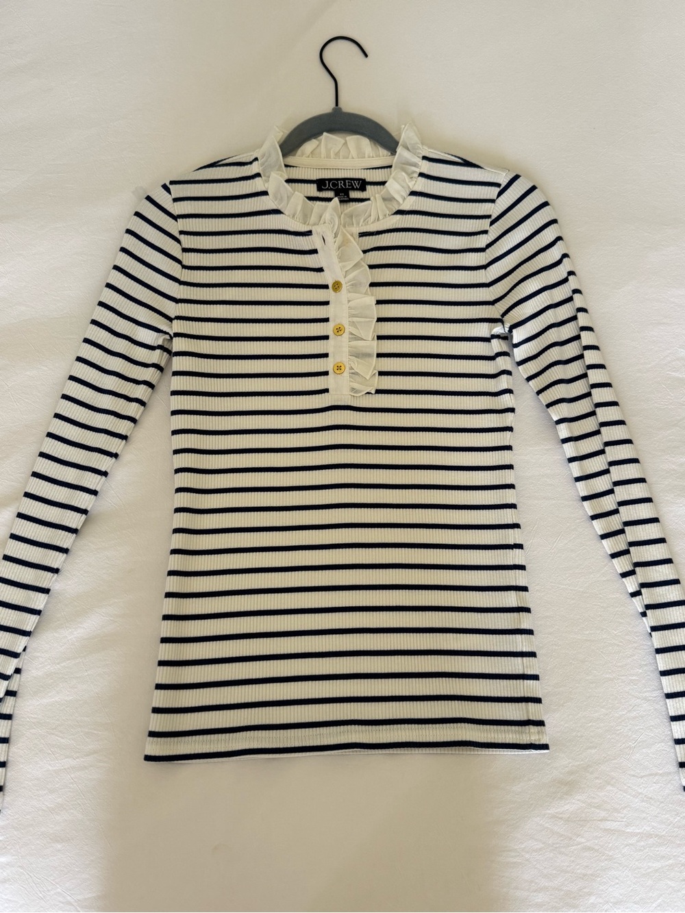 J.Crew Women's Navy & White Striped Ruffle Henley Top XS BRAND NEW